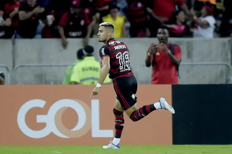 Andreas Pereira of Flamengo celebrates after scoring.