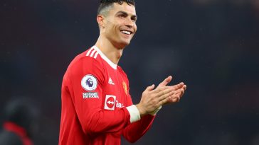 Cristiano Ronaldo of Manchester United applauds their fans after the final whistle vs Brentford. (Photo by Catherine Ivill/Getty Images)