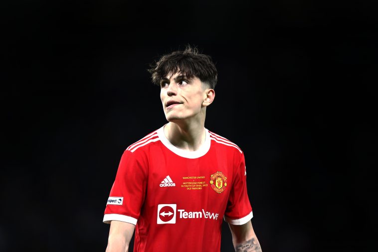 Alejandro Garnacho Ferreyra in action during the FA Youth Cup Final match between Manchester United and Nottingham Forest. (Photo by Naomi Baker/Getty Images)