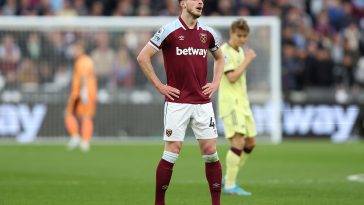 Declan Rice of West Ham reacts during the PL match vs Arsenal. (Photo by Julian Finney/Getty Images)