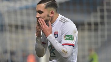 Lyon forward Rayan Cherki celebrates after scoring a goal.