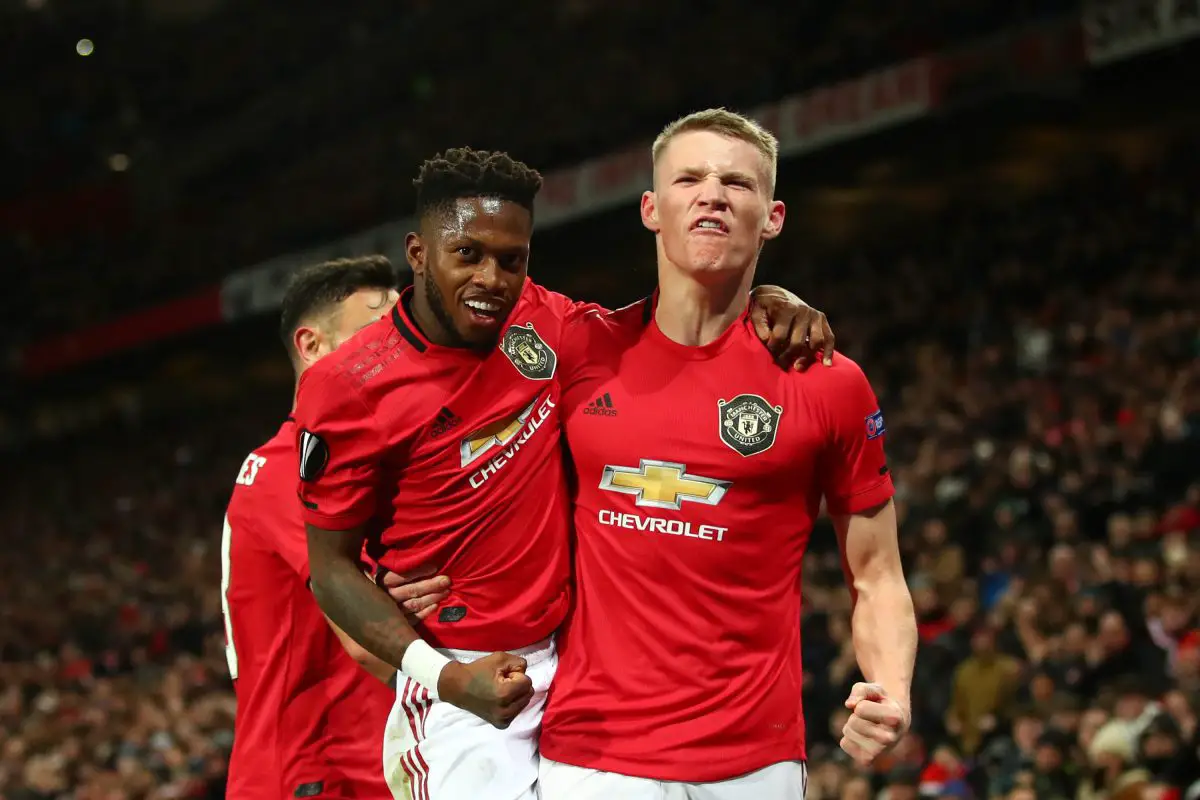 Scott McTominay of Manchester United celebrates with teammate Fred.