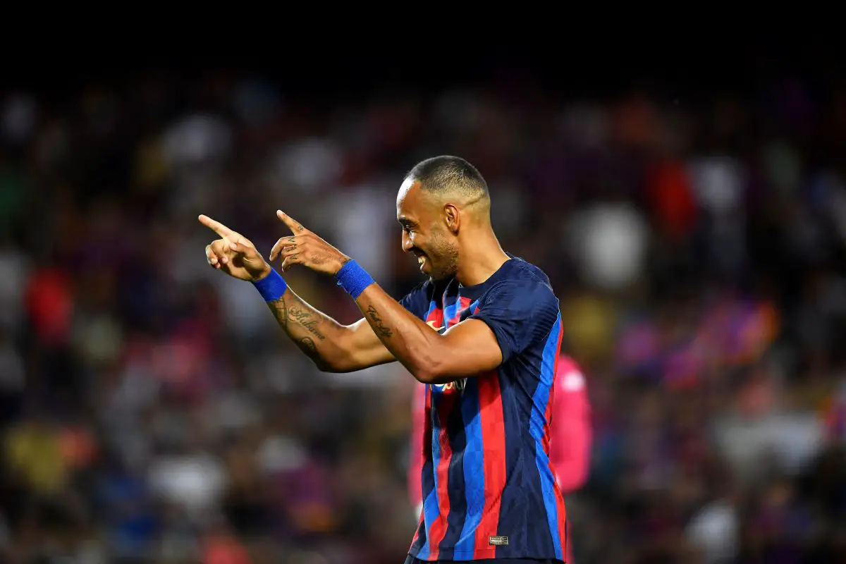 Pierre-Emerick Aubameyang celebrates after scoring a goal for Barcelona.
