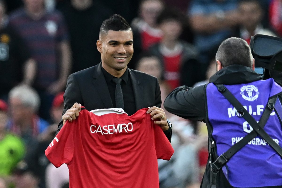Casemiro presented as a Manchester United player on the day of United's derby against Liverpool. (Photo by PAUL ELLIS/AFP via Getty Images)