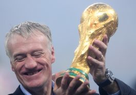 Didier Deschamps of France holds the World Cup trophy.