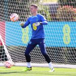 Dean Henderson of England in action during a training session at Tottenham Hotspur Training Centre.