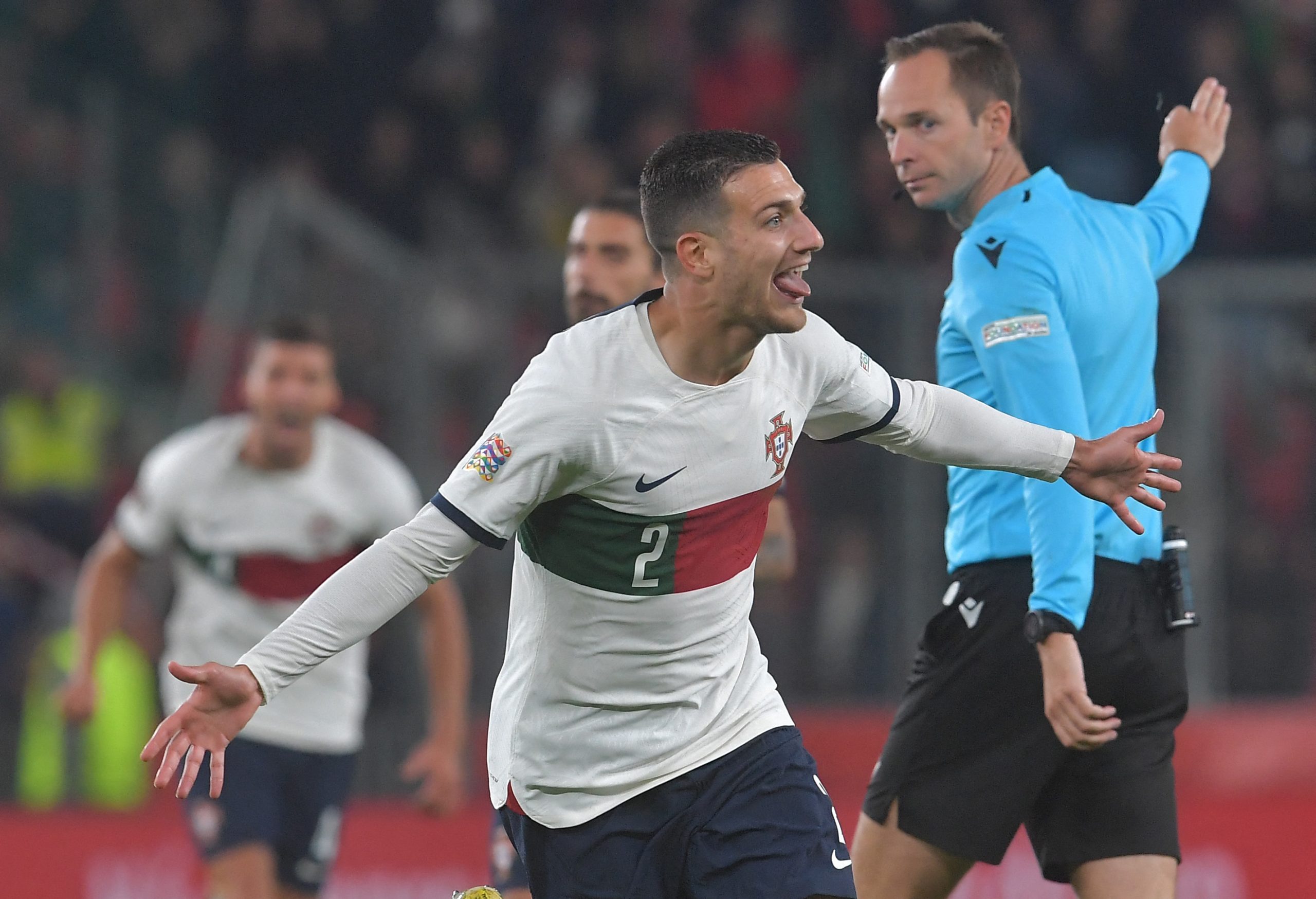 Diogo Dalot of Manchester United and Portugal celebrates against Czech Republic in the UEFA Nations League game.