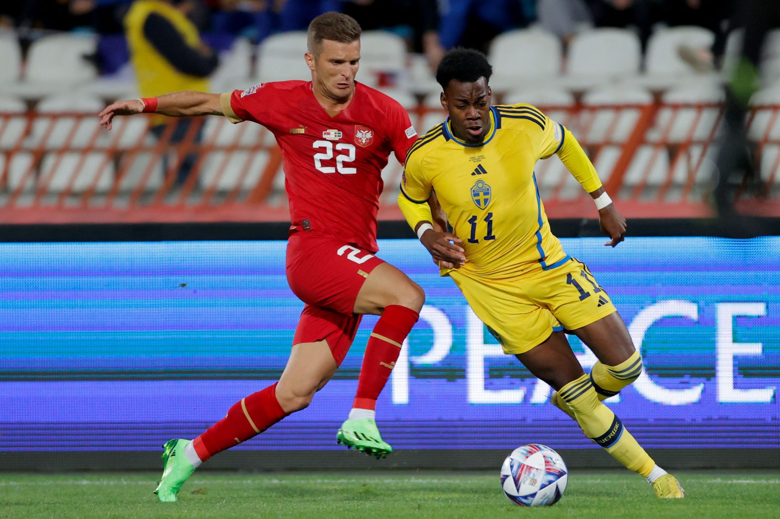 Sweden and Manchester United's Anthony Elanga vies with Serbia's Darko Lazovic during a UEFA Nations League game.