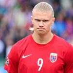 Erling Haaland poses in the line-up before Norway's UEFA Nations League game against Slovenia.