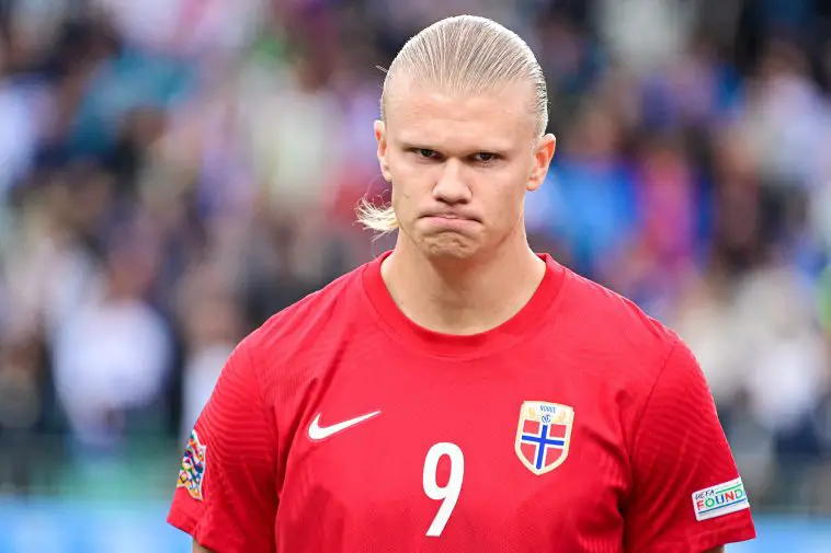 Erling Haaland poses in the line-up before Norway's UEFA Nations League game against Slovenia.