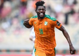 Ibrahim Sangare celebrates scoring a goal for Ivory Coast.