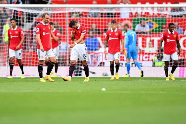 Bruno Fernandes, Christian Eriksen, Tyrell Malacia, Raphael Varane, and Lisandro Martinez in action for Manchester United against Arsenal.