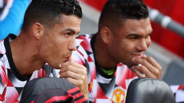 Cristiano Ronaldo with Casemiro on the bench for Manchester United in their game against Southampton.