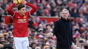 Jose Mourinho watches as Manchester United defender, Victor Lindelof, takes a throw in.