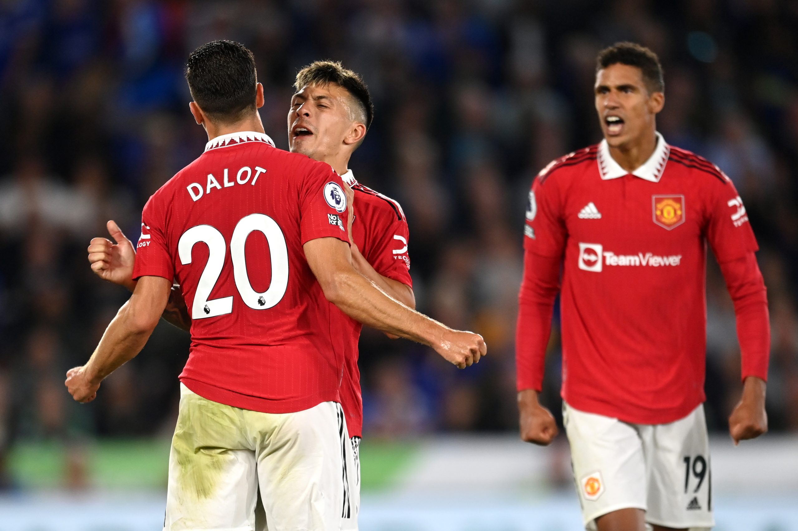 Diogo Dalot, Lisandro Martinez, and Raphael Varane of Manchester United.