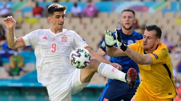 Gerard Moreno of Spain is challenged by Slovakia's Martin Dubravka during the UEFA EURO 2020 Group E match.