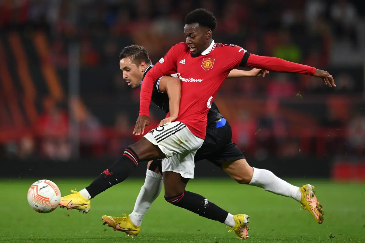 Anthony Elanga of Manchester United battles for possession with Andoni Gorosabel of Real Sociedad. (Photo by Michael Regan/Getty Images)