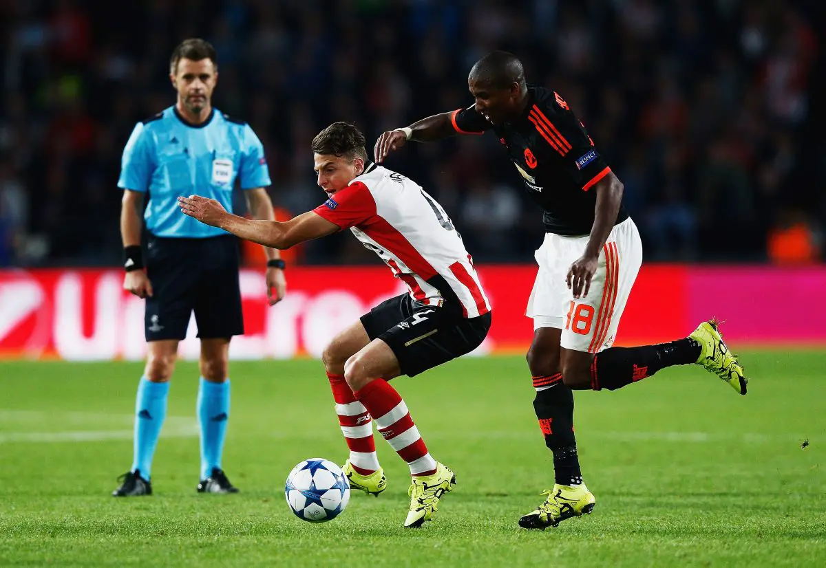 Former PSV right-back, Santiago Arias, has faced Manchester United in the past and is pictured here with Ashley Young. 
