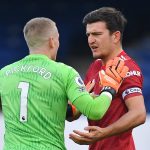 Jordan Pickford of Everton confronts Manchester United captain, Harry Maguire.