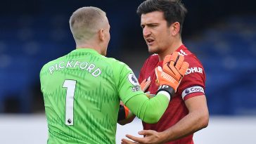 Jordan Pickford of Everton confronts Manchester United captain, Harry Maguire.