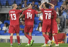 Omonia Nicosia's Bruno Felipe (3R) celebrates with teammates after scoring against Real Sociedad in the UEFA Europa League.