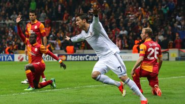 Cristiano Ronaldo of Real Madrid celebrates scoring against Galatasaray in the UEFA Champions League in 2013.