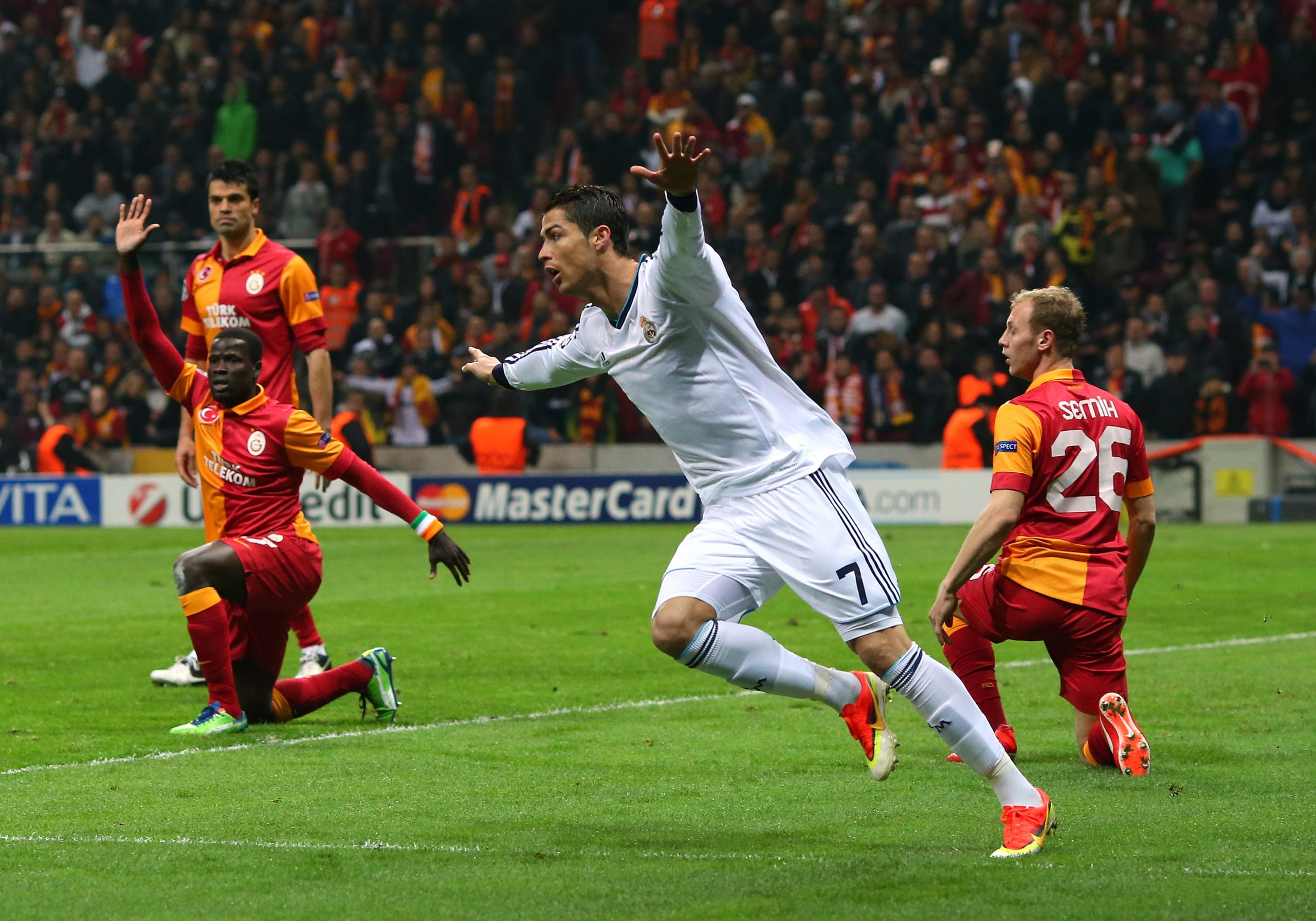 Cristiano Ronaldo of Real Madrid celebrates scoring against Galatasaray in the UEFA Champions League in 2013.