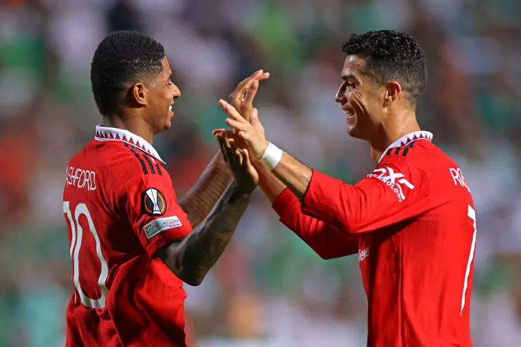 Marcus Rashford and Cristiano Ronaldo celebrate a goal for Manchester United against Omonia in the UEFA Europa League.