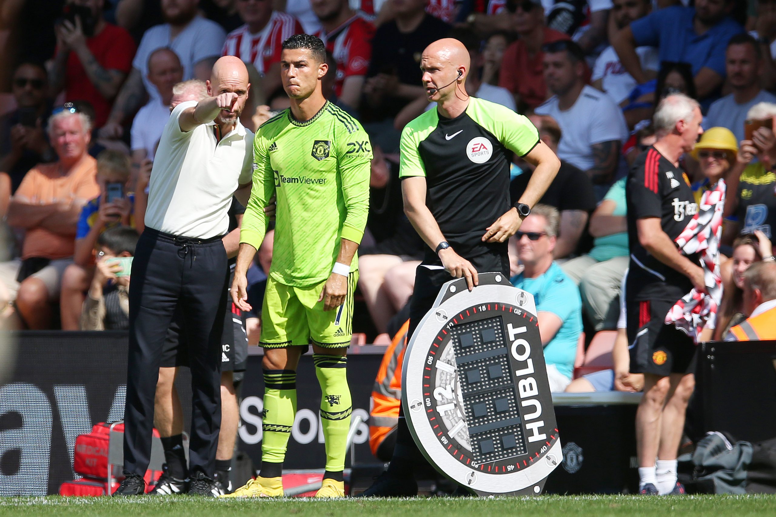 Cristiano Ronaldo with Erik ten Hag on the sidelines for Manchester United.