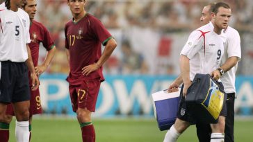Wayne Rooney of England and Cristiano Ronaldo of Portugal during a FIFA World Cup 2006 match. (Photo by ADRIAN DENNIS/AFP via Getty Images)