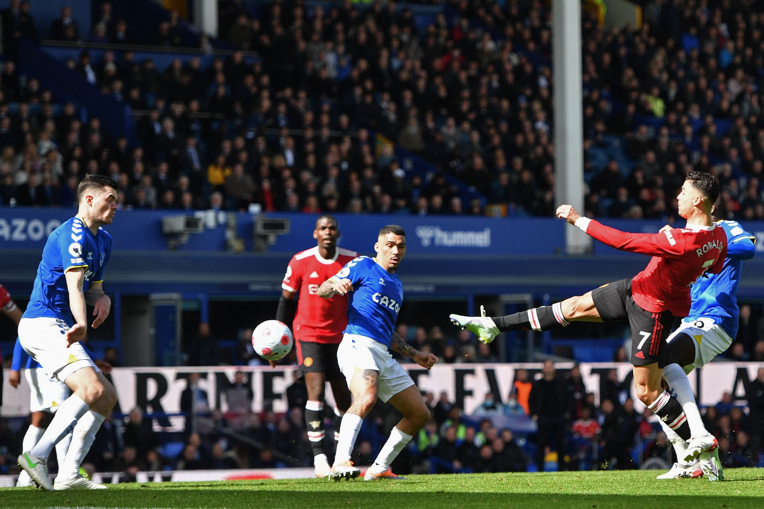 Cristiano Ronaldo has this shot saved for Manchester United against Everton.