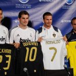 Cristiano Ronaldo and Iker Casillas of Real Madrid with David Beckham and Landon Donovan of LA Galaxy. (Photo by Kevork Djansezian/Getty Images)