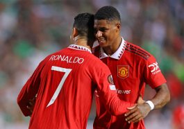 Cristiano Ronaldo and Manchester United's Marcus Rashford celebrate after a goal against Omonia Nicosia (Photo by -/AFP via Getty Images)
