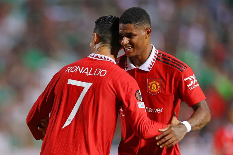 Cristiano Ronaldo and Manchester United's Marcus Rashford celebrate after a goal against Omonia Nicosia (Photo by -/AFP via Getty Images)