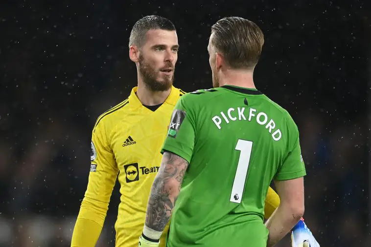 David De Gea of Manchester United embraces Jordan Pickford of Everton after a league game in October 2022. (Photo by Michael Regan/Getty Images)