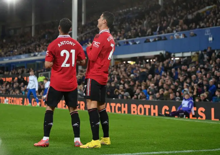 Antony with Cristiano Ronaldo after the latter scored his 700th club career goal during Manchester United vs Everton in October 2022. (