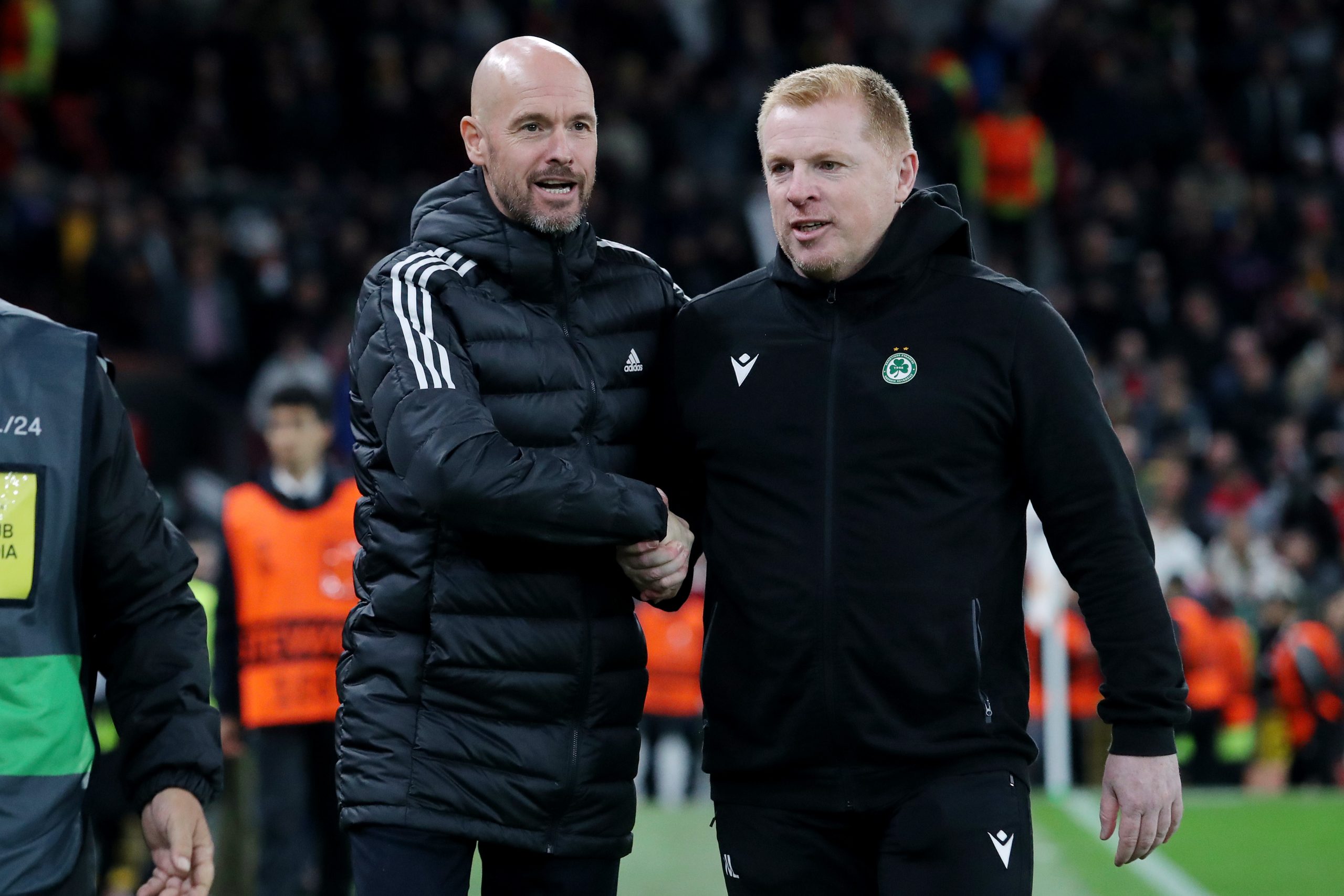 Erik ten Hag of Manchester United embraces Neil Lennon of Omonia Nicosia prior to the UEFA Europa League match between the two teams.