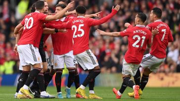 Manchester United players protest after referee Craig Pawson disallows Cristiano Ronaldo's goal in a league game against Newcastle United in October 2022.