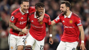 Fred of Manchester United celebrates with Antony and Fred during the win against Tottenham Hotspur in October 2022.