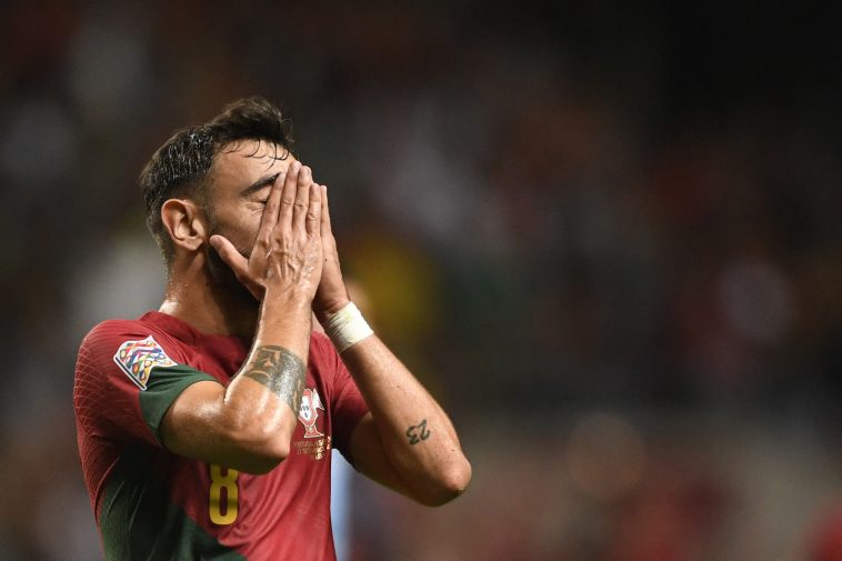 Bruno Fernandes of Manchester United in action during a UEFA Nations League game.