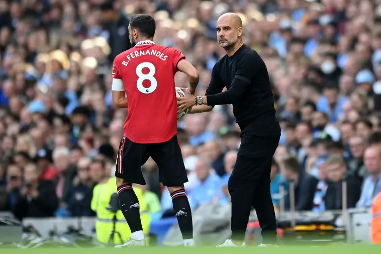 Bruno Fernandes of Manchester United with Manchester City manager, Pep Guardiola.