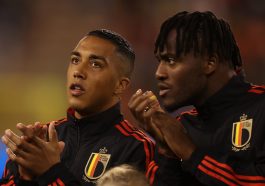 Michy Batshuayi and Youri Tielemans of Belgium before the game against Wales in the UEFA Nations League.