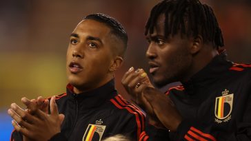 Michy Batshuayi and Youri Tielemans of Belgium before the game against Wales in the UEFA Nations League.