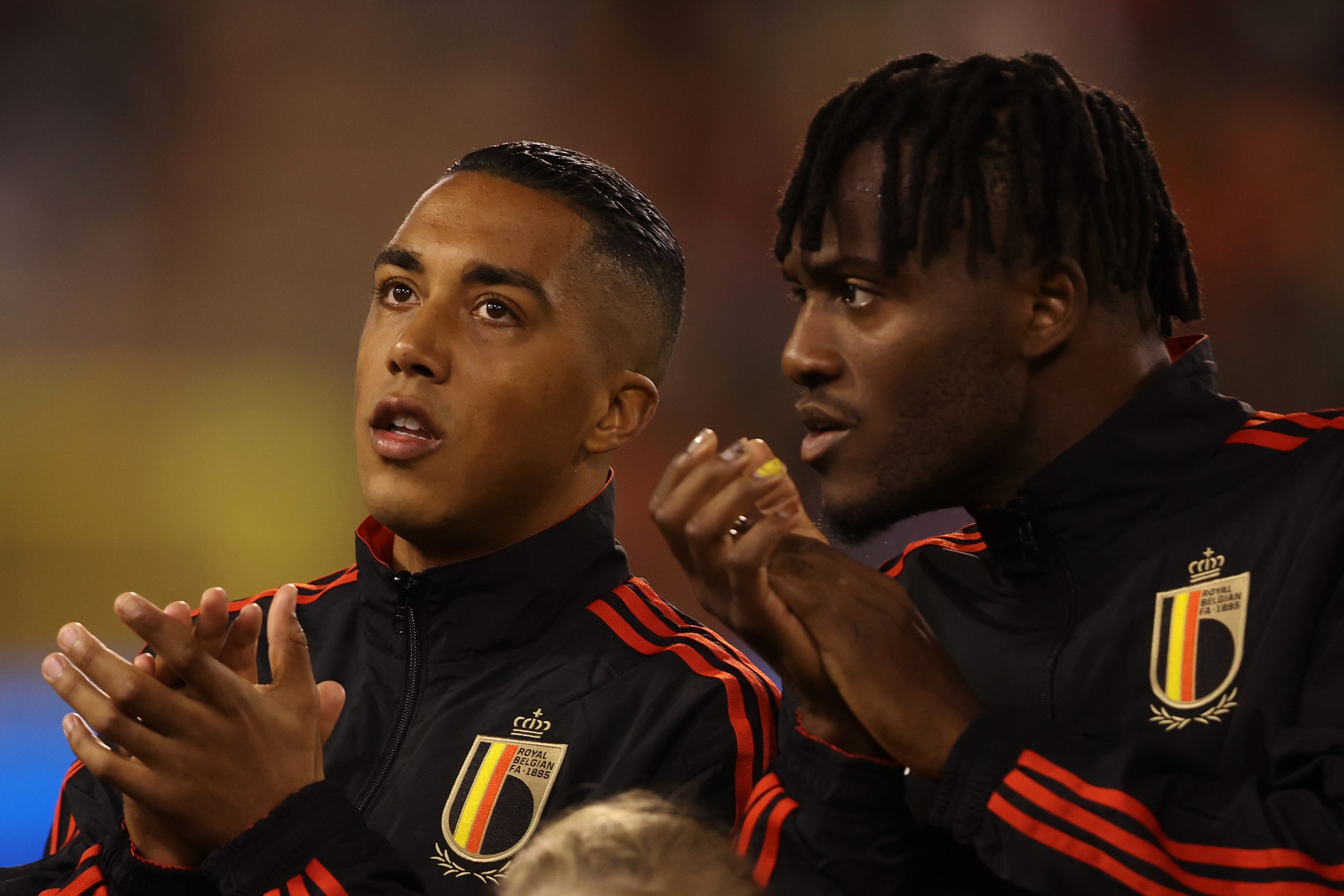 Michy Batshuayi and Youri Tielemans of Belgium before the game against Wales in the UEFA Nations League.