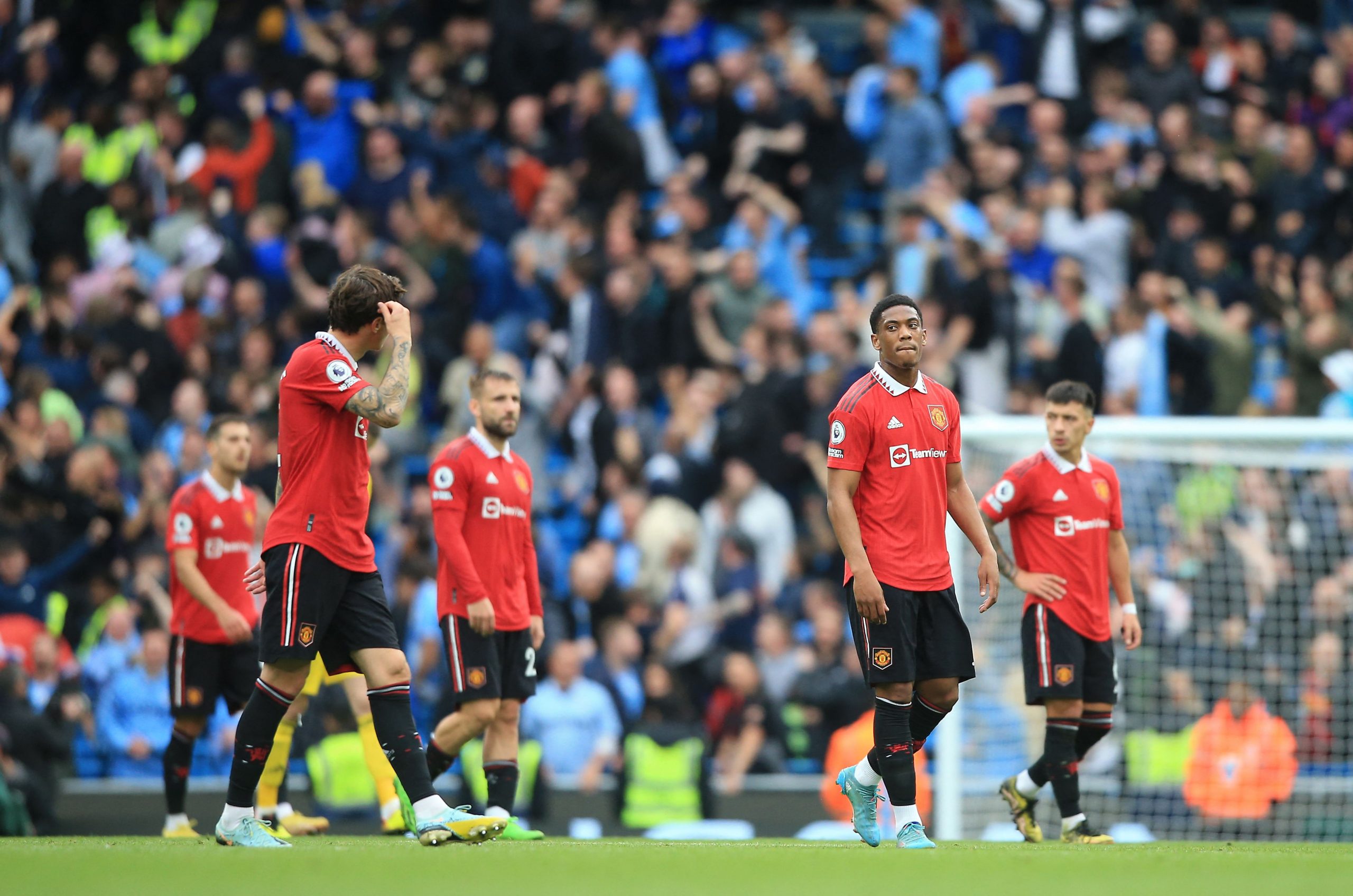 Manchester City thrashed United 6-3 in the derby. (Photo by LINDSEY PARNABY/AFP via Getty Images)