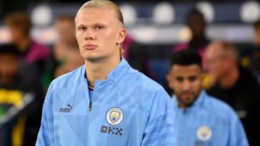 Erling Haaland walks out of the tunnel for Manchester City before a UEFA Champions League clash against Borussia Dortmund.
