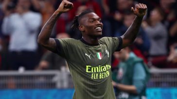 Rafael Leao of AC Milan celebrates after scoring their team's fourth goal during the Serie A match between AC Milan and AC Monza at Stadio Giuseppe Meazza on October 22, 2022 in Milan, Italy.
