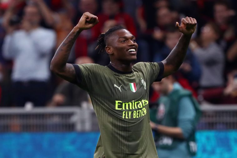 Rafael Leao of AC Milan celebrates after scoring their team's fourth goal during the Serie A match between AC Milan and AC Monza at Stadio Giuseppe Meazza on October 22, 2022 in Milan, Italy.