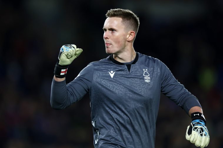 Dean Henderson of Nottingham Forest celebrates following the draw in the Premier League match between Brighton & Hove Albion and Nottingham Forest at American Express Community Stadium on October 18, 2022 in Brighton, England.