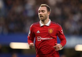 Christian Eriksen of Manchester United during the Premier League match between Chelsea FC and Manchester United at Stamford Bridge on October 22, 2022 in London, England.